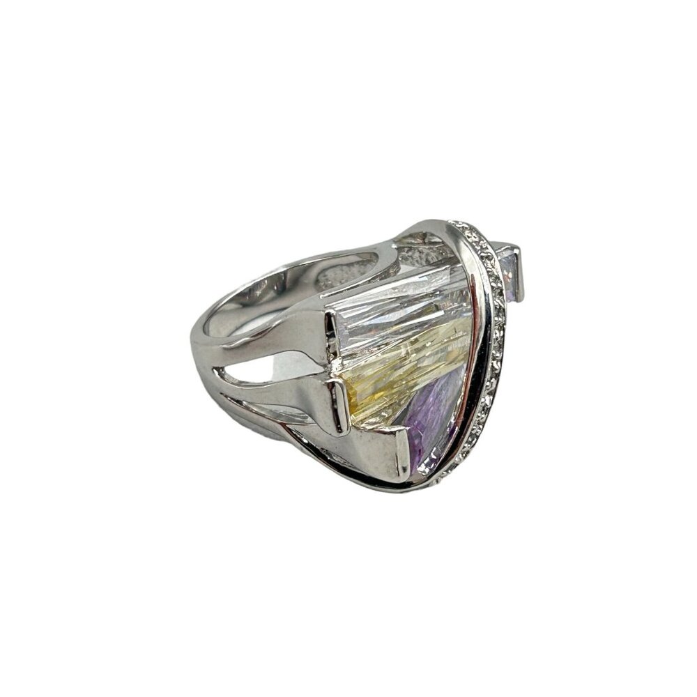 Vintage Asymmetrical Ring Size 7 Pastel Color Glass Stones Silver Tone Metal